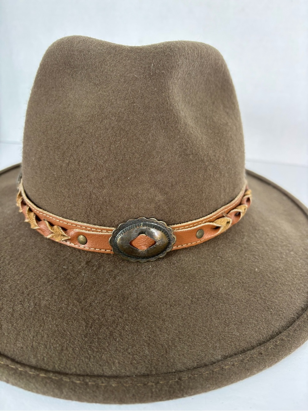 Vintage Brown 100%Wool Western Hat with Braided Leather Band